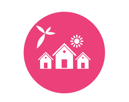 Pink Circle With 3 Houses In A Row And A Sun