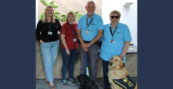 4 People Standing In A Row With A Blonde Guide Dog And A Black Guide Dog 4 People Standing In A Row With A Blonde Guide Dog And A Black Guide Dog