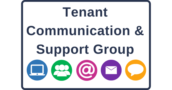 Tenant Communication & Support Group In Navy With Circles Underneath With Computer In, Speech Bubble, @ Sign And Letter