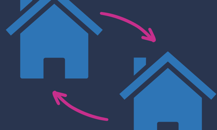 Two Blue Houses With Pink Arrows In Either Direction