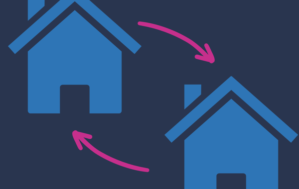 Two Blue Houses With Pink Arrows In Either Direction