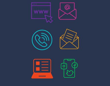 Blue Online Of Phone, Pink Outline Of Email, Orange Outline Of Laptop. Green Outline Of Mobile, Purple Outline Of Website