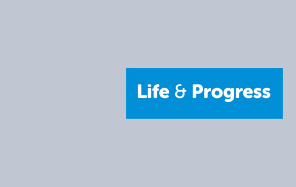 Blue Background With Life & Progress In White Writing