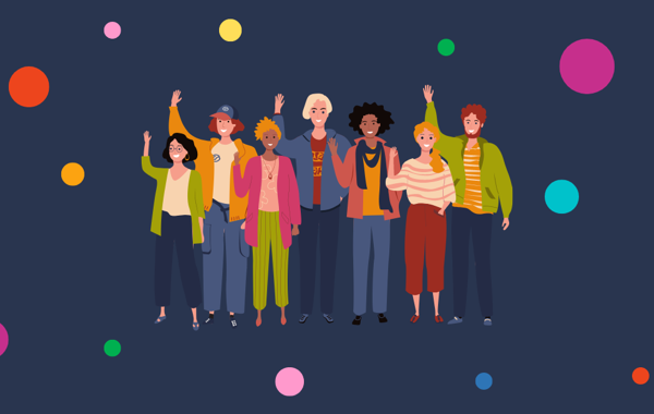 Group Of Mixed People Waving With Colourful Spots around 