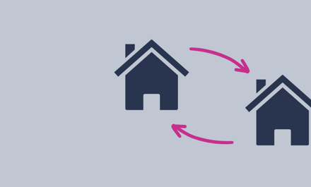 Two Navy Houses With Pink Arrow Connecting Them