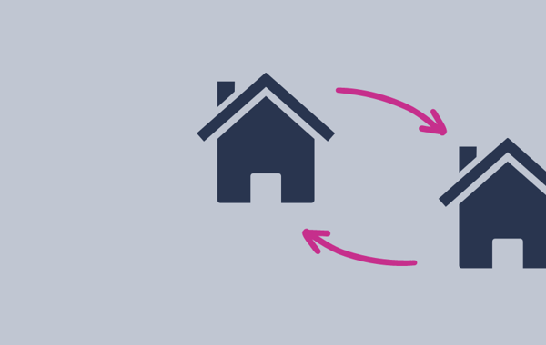 Two Navy Houses With Pink Arrow Connecting Them