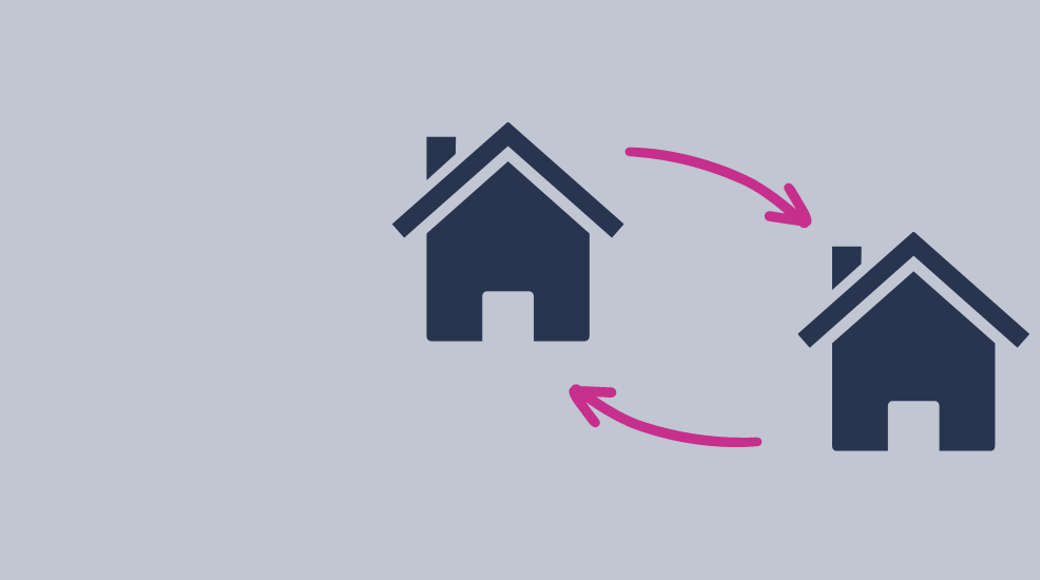 Two Navy Houses With Pink Arrow Connecting Them