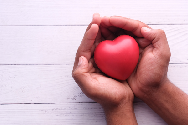 Hands Cupped Together Holding Red Heart Shaped Ball