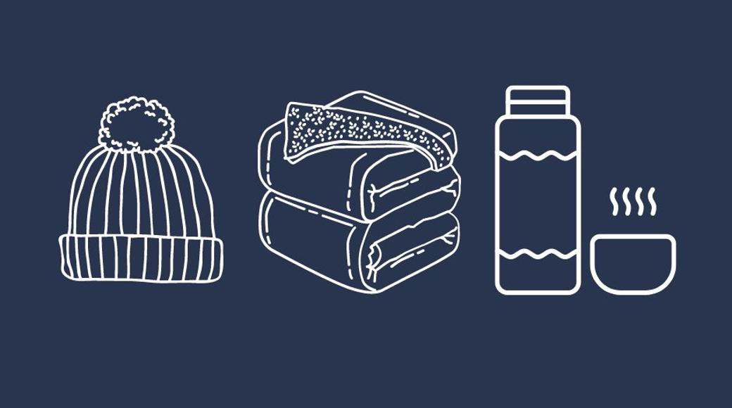 White Outline Of A Hat, Blankets And A Flask On A Navy Background